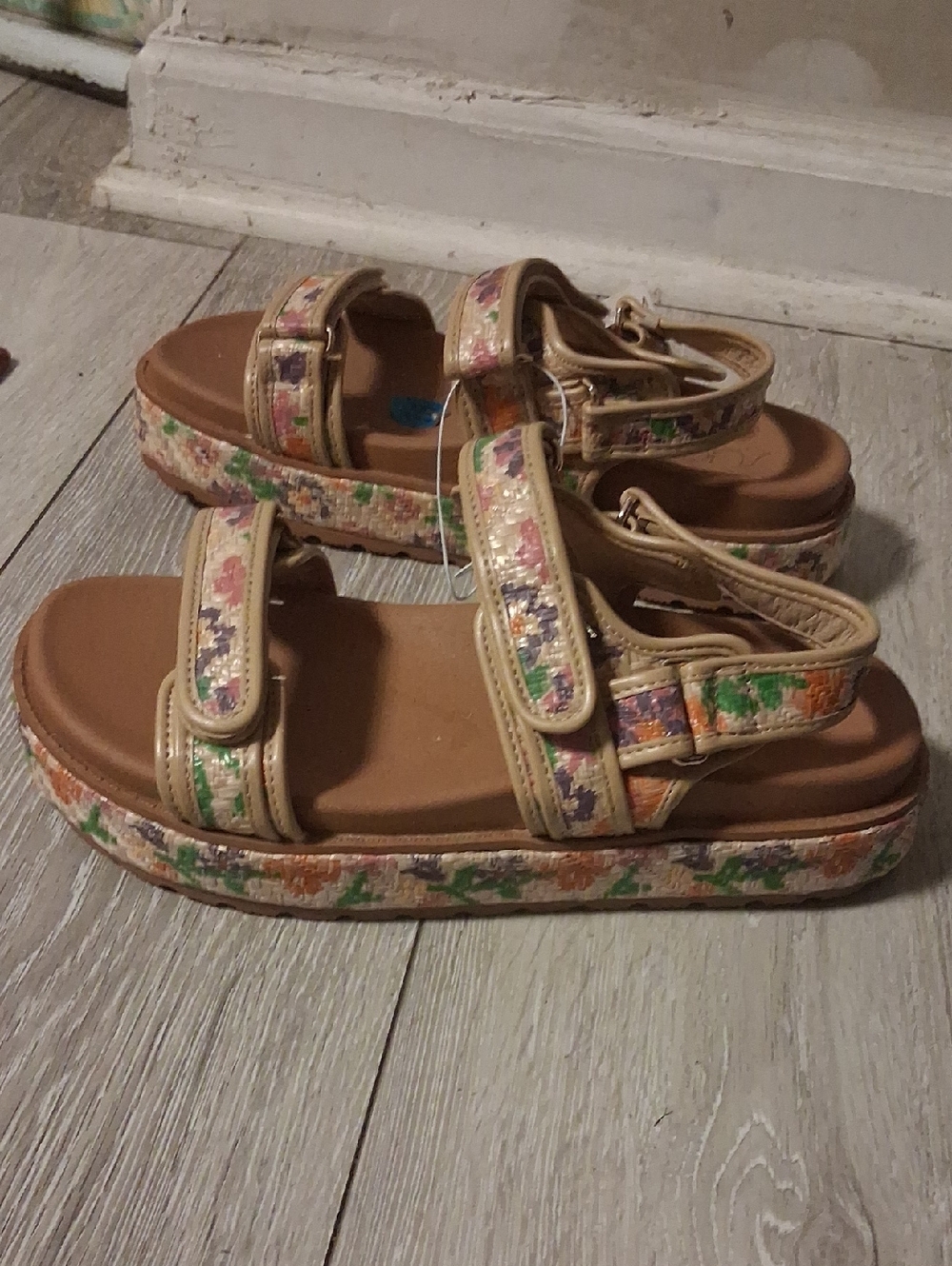 Sugar Beige Platform Sandals with Pink, Green and Orange Floral Print